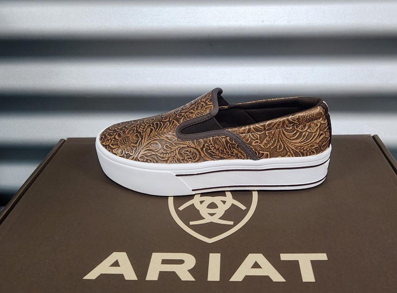 Ariat Ladies Skylar Slip On Shoe - Brown Floral Emboss - Image 2