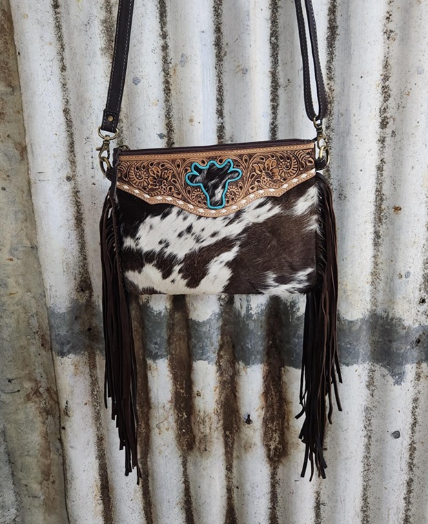 Design Edge Bullhead Cowhide Sling Bag with Fringe - Marbella