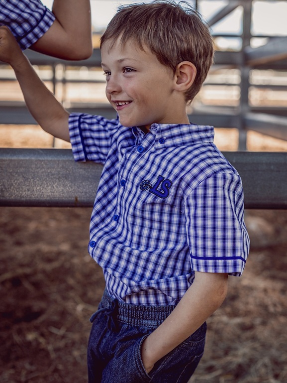 Little Spurs Boys Bluewater Classic Short Sleeve Romper - Blue & White Plaid - Image 2