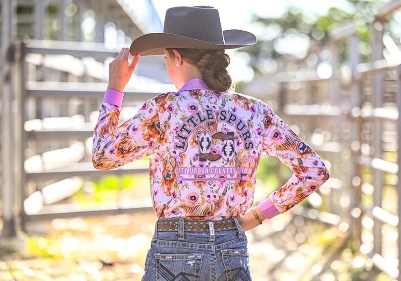 Little Spurs Girls Fishing Shirt - Highland Steer - Image 2